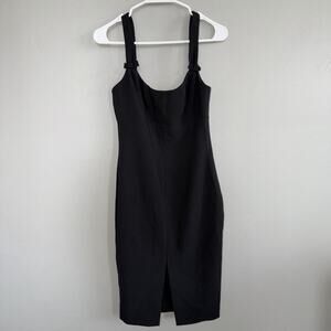 LIKELY Women's Black Midi Sheath Dress Sz 4 Bow Accents Slit LBD Office Siren